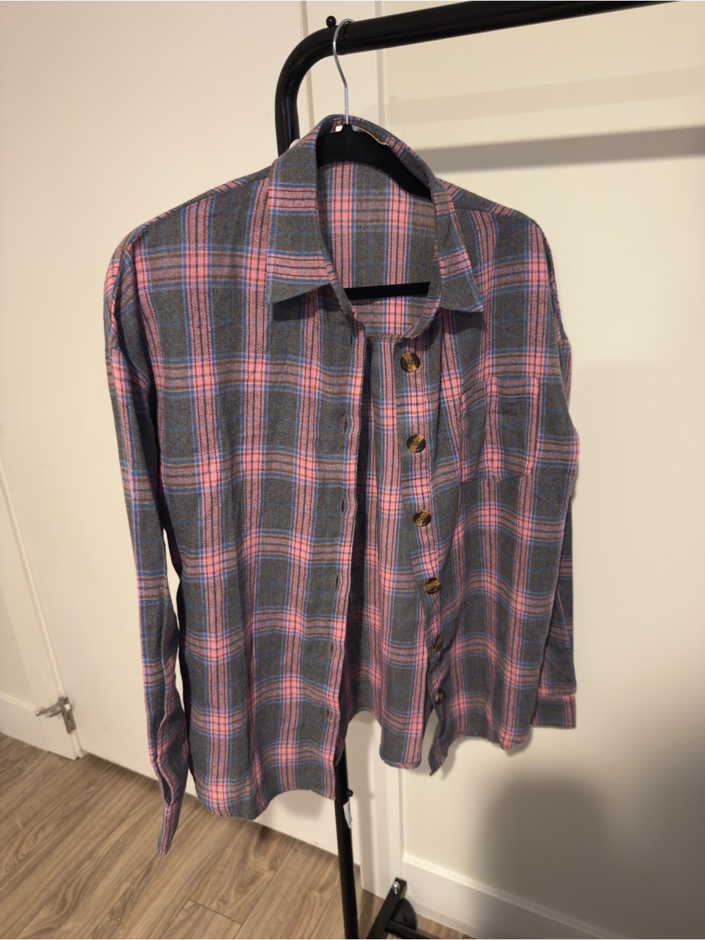 Women’s Plaid Button-Up Shirt - Pink & Gray
